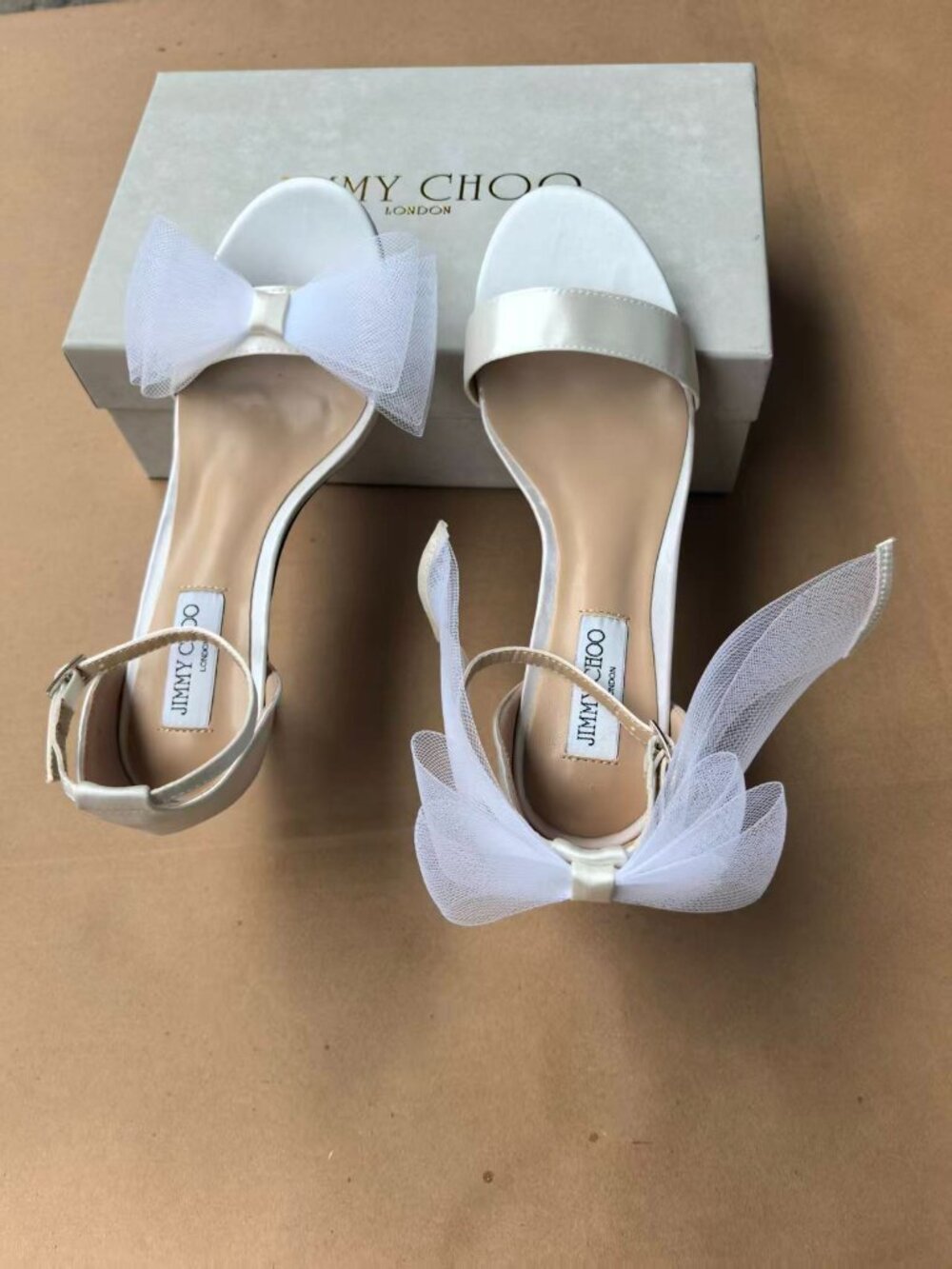 Jimmy Choo Aveline 100 Latte Sandals with Asymmetric Grosgrain Fascinator Bows